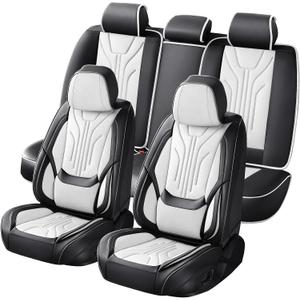 Car Seat Covers Full Set, Universal Fit Faux Leather Cushion Protector, Waterproof Non-Slip Automotive Interior Accessories for Sedans, SUVs, Trucks (Black&White) (Fullset)
