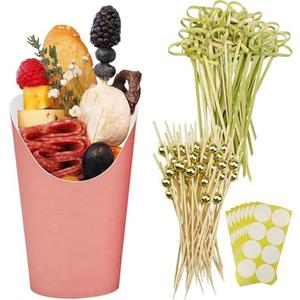 CAMKYDE 50 Charcuterie Cups + 200 Cocktail Picks + 56 Labels, 12 oz Disposable Charcuterie Cups with Sticks (2 Types), French Fry Cup Pink Paper Appetizer Cup for all Occasions (Pink)