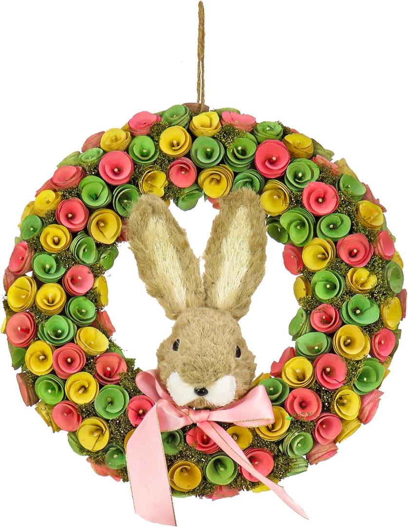 National Tree Company Artificial Hanging Wreath, Foam Base, Decorated with Colorful Flower Blooms, Ribbon, Bunny Head, Easter Collection, 16 Inches
