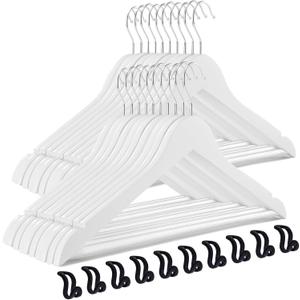 TECHMILLY 20 Pack Solid Wooden Suit Hangers, Heavy Duty Coat Hangers for Closet, Smooth Finish Clothes Hangers with 360 Swivel Hook & Non Slip Pant Bar & Cut Notches for Shirt, White