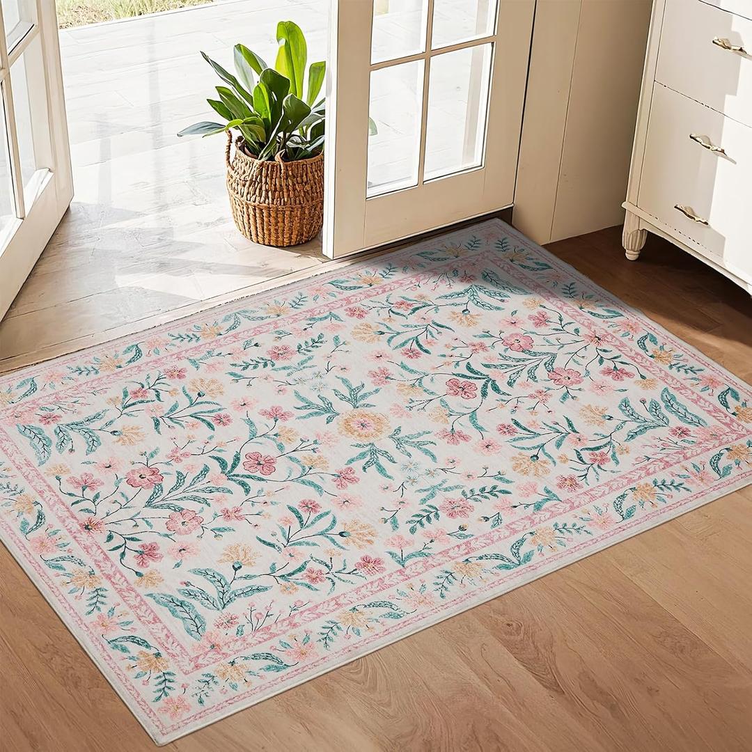 Pink Entryway Rug 2x3, Floral Distress Print Carpet, Low Piles Indoor Rugs, Washable Door Mat, Living Room Entrance Traditional Distressed Retro Accent Throw Rug, Non Slip Perfect for Office Bathroom