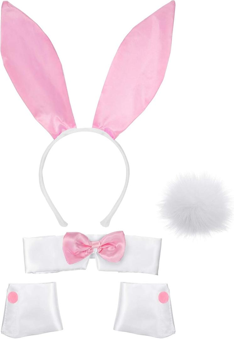 SATINIOR Bunny Costume Set Rabbit Ear Headband Collar Bow Tie Costume Cuffs Rabbit Tail for Halloween Party (Pink and White)