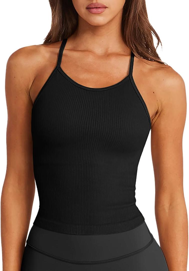 LASLULU Womens Sports Bra Seamless Long Crop Tank Racer Back Spaghetti Strap Workout Yoga Bra Padded Halter Neck Casual Tops (Large, Black)