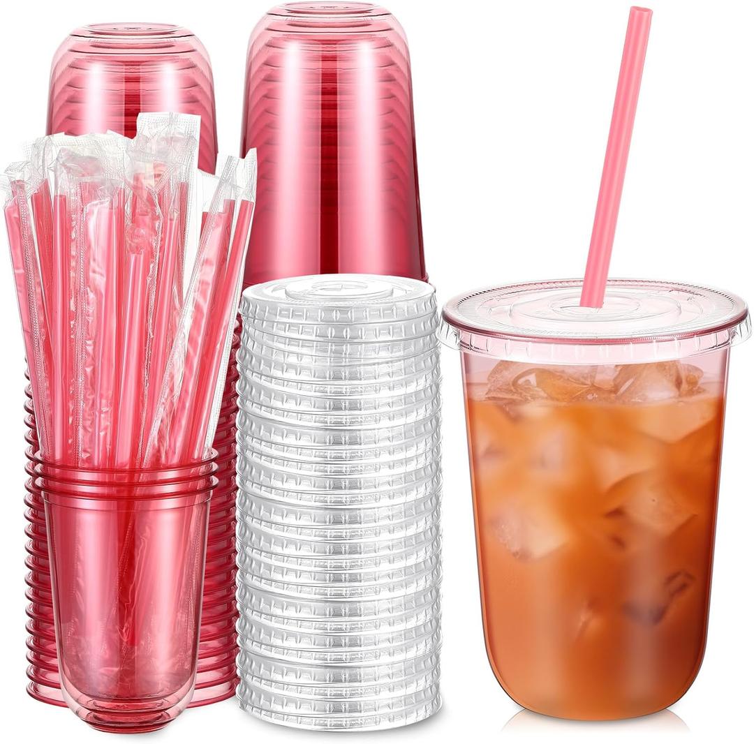 Ziliny 50 Sets Clear Plastic Cups with Heart Shaped Straws and Lids, Disposable Iced Coffee Cups Drinking Pet for Cold Drinks, Valentine's Galentine's Day Bridal Baby Showers Party (16 oz,Pink)