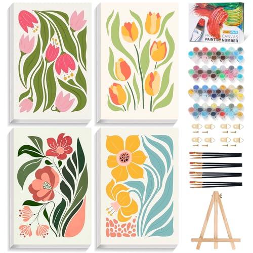 4 Pack Paint by Numbers Kit for Adults with Frame Flower Easy, Framed Paint by Number for Adults Beginner with Wooden Easel, Floral DIY Painting by Numbers Canvas Framed for Home Decor 8 x 12 Inch