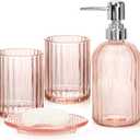 Glass Bathroom Accessories Set, 4Pcs Bathroom Accessories Sets Complete Lotion Soap Dispenser, Toothbrush Holder, Mouthwash Cup, Soap Dish for Bath Decor, Countertop Vanity Organizer (Pink)