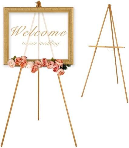 VISWIN Upgraded 63" Gold Wooden Easel Stand for Sign, Tripod Easel for Wedding Sign Stand, Welcome Board, Poster, Picture, Canvas Art Easel Floor with Tray for Display & Painting