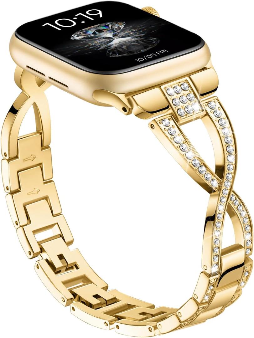 Slim Band Compatible with Apple Watch Bands 40mm 41mm 42mm 38mm 44mm 45mm 46mm 49mm Women, Thin Dressy Metal Stainless Steel Bracelet with Bling Diamond for iWatch Series 11 10 9 8 7 6 5 4 3 SE Ultra