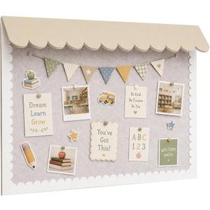 Scalloped Bulletin Board 24"x31.5", Decorative Felt Pin Board, Cream | with Wavy Roof and Border, Self Adhesive Hook and Loop Mounting, Bulletin Board for Classroom, School, Office, Home, 32" x 24"