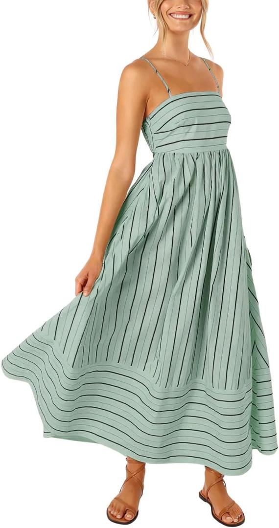 Shouyatou Women's Striped Back Smocked Maxi Dress Sexy Spaghetti Strap Cut Out Flowy Swing Long Dress, M