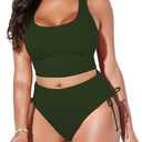 Pink Queen Women's Scoop Neck Racerback Ruched Crop Top High Waisted Bikini Sets 2 Piece Swimsuit Bathing Suit (Large, Army Green)