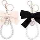Bag Purse Charms for Handbags with Bow Keychain Black Ribbon Wristlet Keychain for Women Pearl Bracelet Keychain for Car Keys Cute Coquette Accessories for Women Girls Bag Decoration 2Pcs