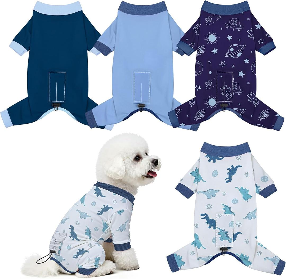 4 Pack Dog Pajamas Pet Costumes Dog Jammies Onesies Sweatshirt Adjustable Breathable Stretchy Clothes for Puppy Small Medium Large Dogs Girls Boys,M (Dinosaur, Blue, Starry Sky, Navy)