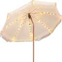 Sunnymove 7 ft Fringe Patio Umbrella with Solar Powered String Lights, Boho Patio Umbrella for Outdoor, Garden, Deck, Pool, Push Button Tilt Pole, Tan
