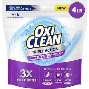 OxiClean Triple Action Odor and Stain Remover Powder, Use with Detergent, Eliminates Tough Odors and Removes Stains, Color Safe and Chlorine Free, 4 lbs