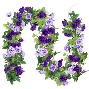 Kisflower 3Pack Artificial Rose Flower Garland, 23.7FT Fake Vines Silk Flowers Hanging Rose Ivy for Wedding Arch Decorations Room Party Home Garden Hotel Office Wall Decor (Purple)