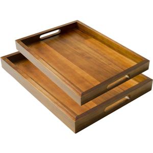 2 Sizes Acacia Wood Serving Tray with Handles, 17x13 & 16x12 inch Rectangular Ottoman Trays, Decorative Wooden Tray for Food, Drinks, Coffee Table, Living Room, Kitchen, Brown, 2 Pack