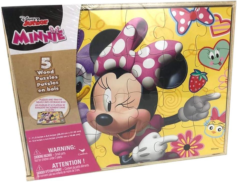 Disney Minnie Mouse 5 Wood Jigsaw Puzzles in Wood Storage Box