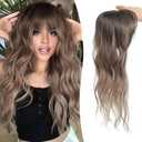 Fine Plus 360 Cover Mini Hair Topper With Clip in Bangs - Synthetic Wavy Hair Extensions for Women - French Clip for Daily Wear (Rich Brown With Dark Root)