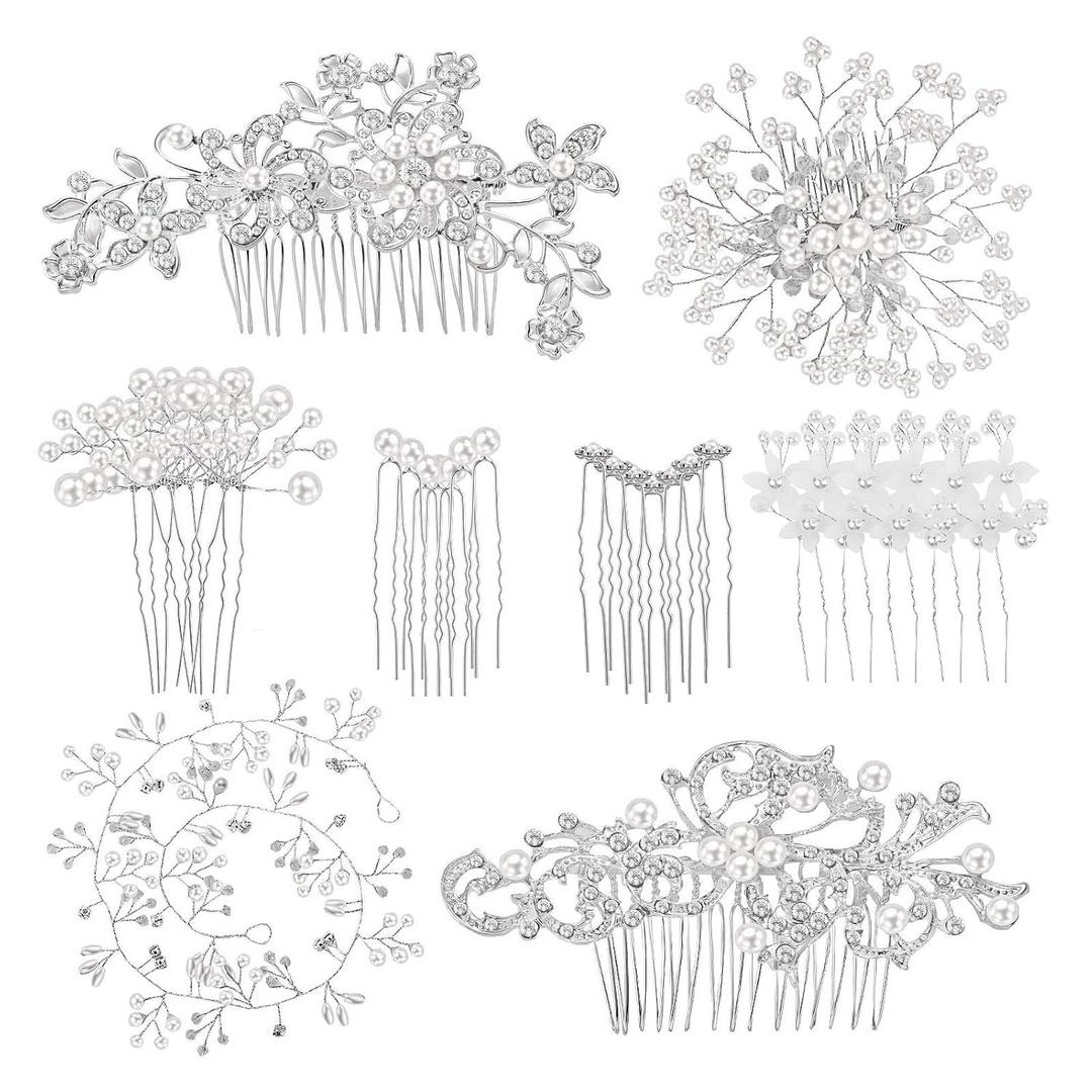 Maitys 44 Pieces Wedding Hair Accessories Faux Pearl Crystal Comb Clips U-shaped Flower Rhinestone Silver Pearl Hair Pieces for Prom Bride Bridesmaid (Classic Style)