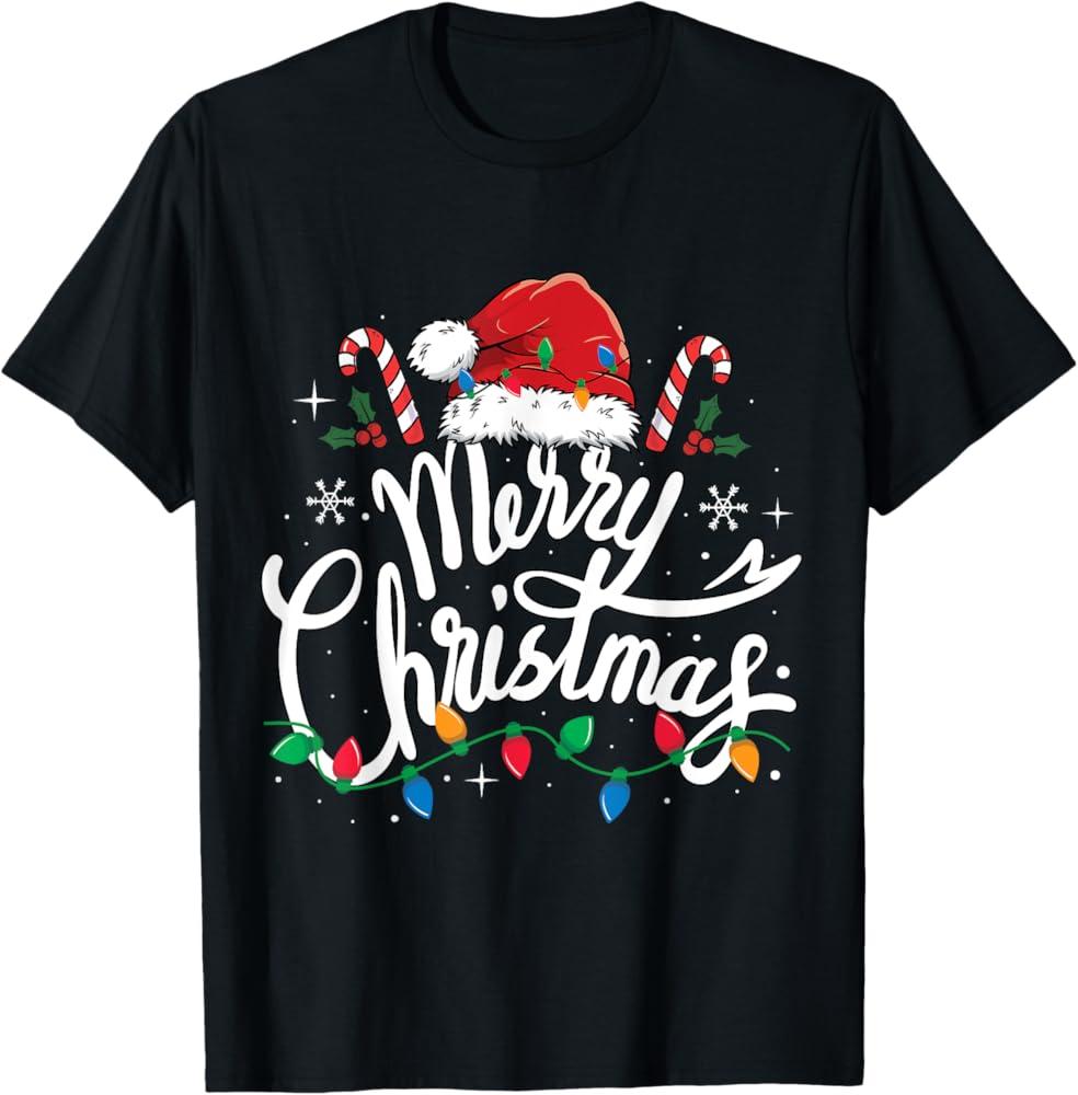 Merry Christmas Lights Red Santa Hat Xmas Family Men Women TShirt (XL)