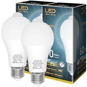 ORALUCE Motion Sensor Light Bulbs Indoor Outdoor 60 watt Equivalent, A19 E26 9W Motion Activated LED Bulb 3000K Warm White, Motion Sensor Light for Garage, Closet, Porch, Stairs, 2 Pack