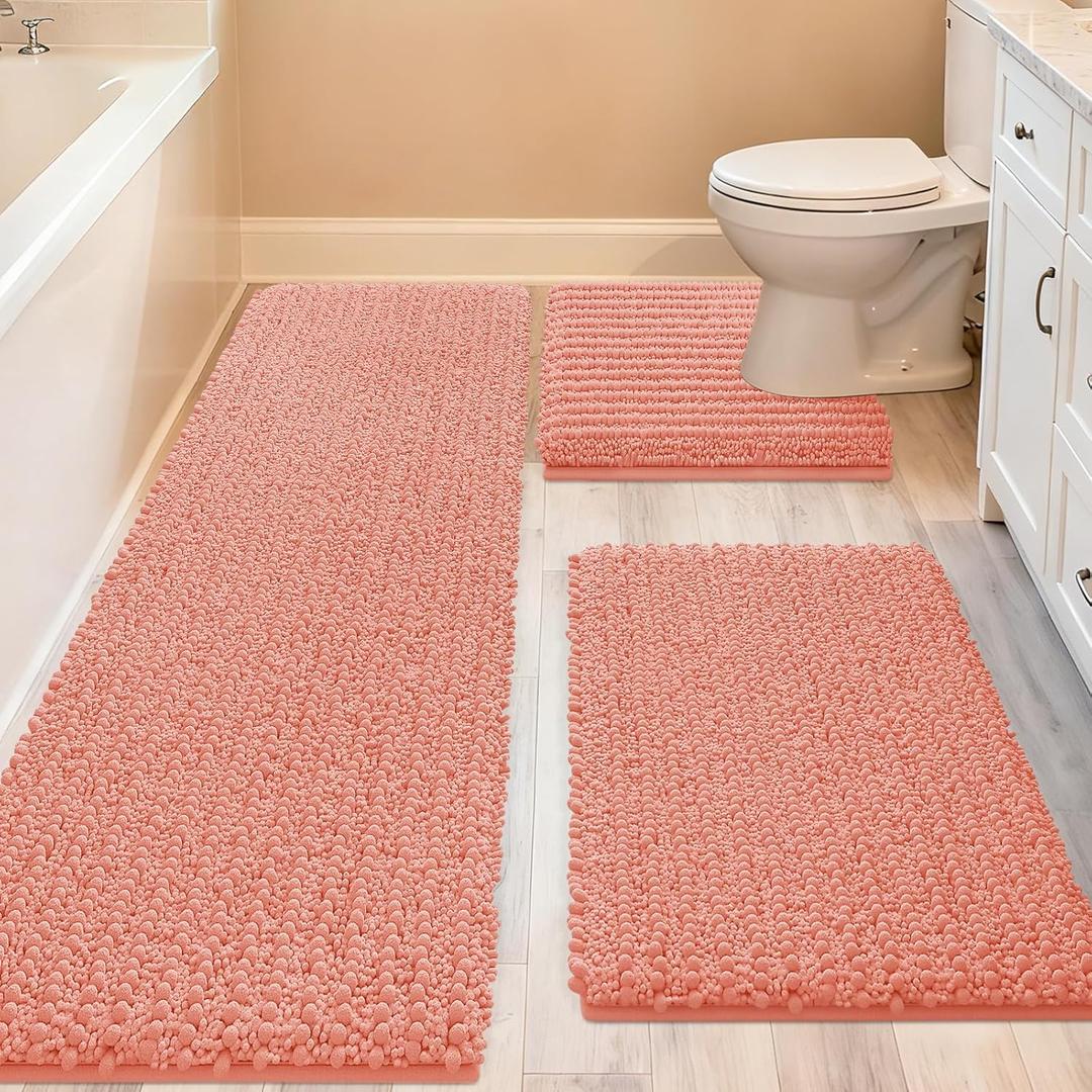 ACCUMTEK Upgrade Extra Large Coral Bathroom Rug Set 3 Pieces Ultra Soft, Thick Absorbent Bath Mats, Non Slip Chenille Toilet Mat for Bathroom, Bedroom, Kitchen (48"x20"+24"x17"+U Shape24"x20")