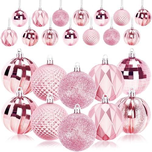 JULMELON 19PCS Large Christmas Balls Ornaments,60mm/2.4 in Shatterproof Plastic Decorative Xmas Tree Ornaments, Assorted Christmas Ball Ornaments for Wedding Mothers Day Party Decorations (Pink)