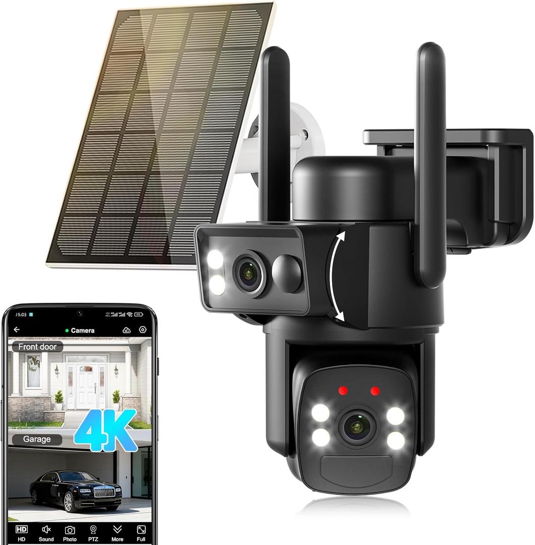4K Solar Security Camera Wireless Outdoor with Dual-Lens,5G/2.4G WiFi Cameras for Home Security with WiFi 6,8MP Color Night Vision,PIR Motion Detection,Auto Tracking,2-Way Audio, Spotlight Siren,Alexa (Black)