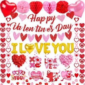 Valentines Day Decorations for Party Set Happy Valentines Day Banner Heart Valentine Garland Banner Red Pink Heart Honeycombs 1000Pcs Plastic Petals Hanging Swirls Valentines Day Balloons