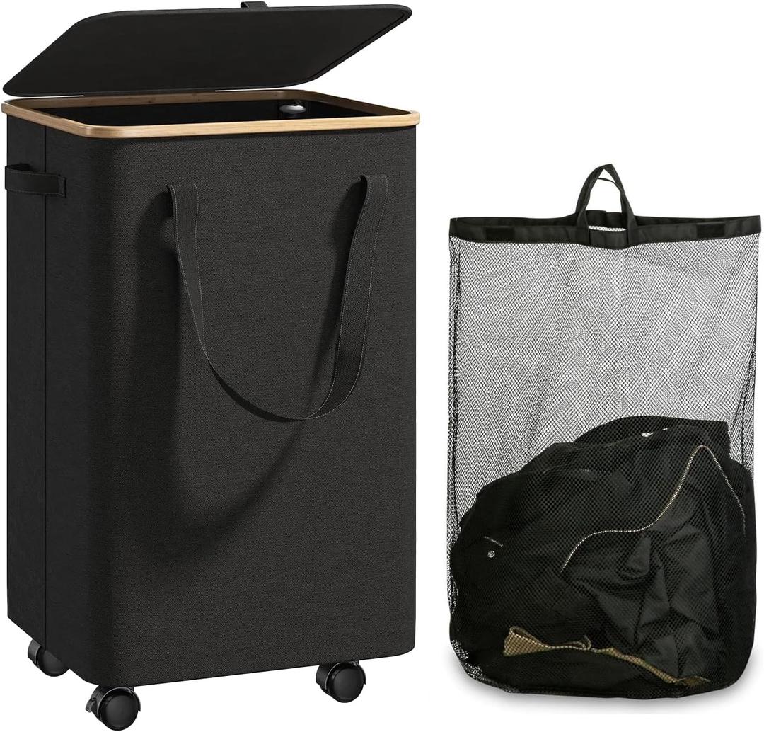 Large Laundry Basket with Wheels,100L Tall Laundry Hamper with Lid and Removable Liner Bag,Collapsible Dirty Clothes Hamper for Bathroom,Bedroom,Dorm & Laundry Room,Black