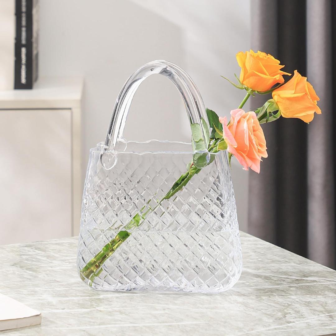 Purse Vase, Glass Bag Vase, Glass Purse Vase for Flowers, Clear Vases, 12 Inch Large Flower Vase with Embossed Pattern for Wedding, Living Room, Bedroom, Table, Office(Round)