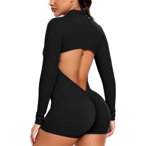 SEASUM Women's Zip Up Workout Jumpsuit Backless Gym Romper Long Sleeve One Piece Bodysuit Yoga Athletic (Large, #1 Black)