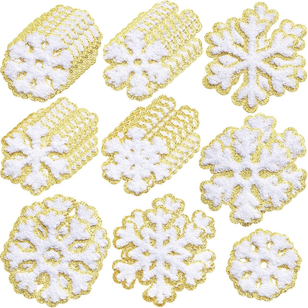 Norme 32 Pcs Christmas Snowflake Iron on Patches Self Adhesive Embroidered Snow Flake Chenille Cloth Patches Sew on Appliques for Clothes Hat Backpacks DIY Decorations, 2 Size (White)