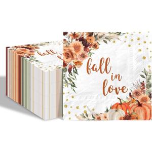 80 Pcs Fall in Love Bridal Shower Paper Napkins Boho Floral Wedding Party Disposable Napkins Pumpkin Bride Shower Napkins for Autumn Party Supplies Table Decor