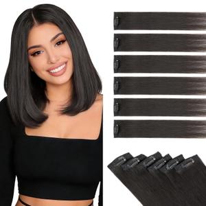Benehair 6PCS 6 Clips In Human Hair Extensions Natural Black Short Straight Mini Clip Ins Real Remy Clip On Hairpin Hairpiece For Women 10inch 30g #1B