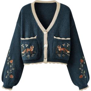 Women's Floral Cropped Cardigan Cottagecore Boho Cardigans Embroidered Open Front Western Sweaters Fall Outwear (Medium, Blue)