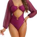 Women's Cut Out Ring Plunge Neck Shirred Bikini, 1 Piece Long Sleeves Mesh Tummy Control Swimsuit Bathing Suit (Large, Dark Purple)