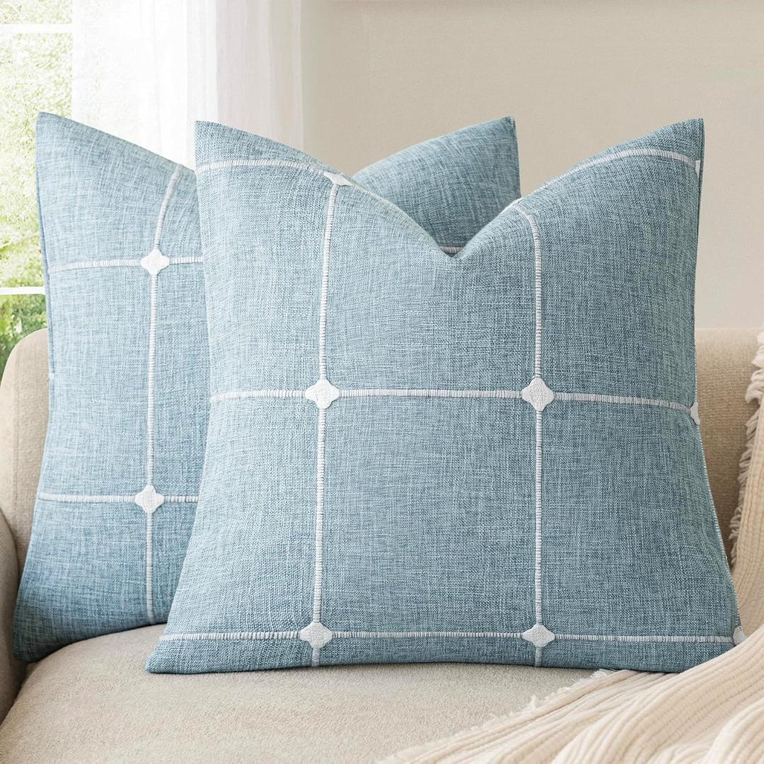 Foindtower Pack of 2 Decorative Faux Linen Jacquard Check Throw Pillow Covers Farmhouse Cushion Cover with Grid Textured Accent Pillowcase for Couch Sofa Living Room Home Decor,1616 Inch,Light Blue