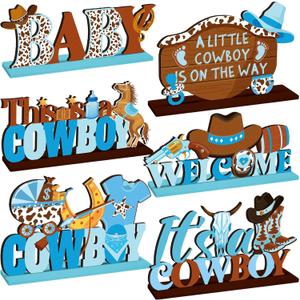 6 Pcs Cowboy Baby Shower Decorations Wooden Western Centerpieces for Tables with Base Little Cowboy Decorations Wild Western Party Decoration Table Topper Supplies for Rodeo Birthday Party