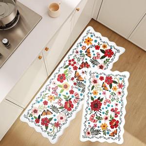 UKISS Kitchen Rugs, 2PCS Waterproof Kitchen Mats, Cushioned Anti Fatigue Kitchen Mat, Non-Slip Boho Comfort Mat for Kitchen, Floor Home, Sink, Laundry,17.3"x28"+17.3"x47", White &Pink (White)
