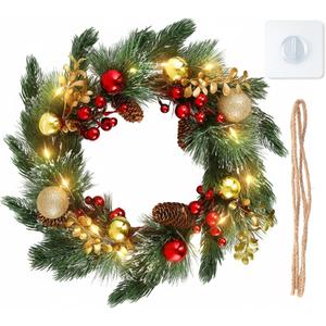 DomeStar Christmas Wreath with Lights, 20 Inch Waterproof Large Battery Operated Wreath with Golden Balls Pine Cones Red Berries Clusters Frosted for Home Porch Wall Door Decor