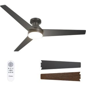 Amico Ceiling Fans with Lights, 52" Low Profile Ceiling fan with Light and Remote Control, Flush Mount, Reversible, 3CCT, Dimmable, Noiseless, Black Ceiling Fan for Bedroom, Indoor/Outdoor Use