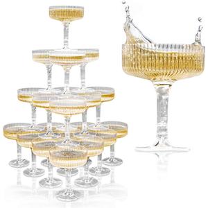ACRYLIC Champagne Tower - 7oz. Set of 20 Plastic Coupe Glasses - Vintage Art Deco Style for Weddings & Parties - Hosting Essentials - Clear