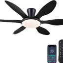 Ceiling Fans with Lights, 51 inch Modern Black Low Profile Ceiling Fan with Light and Remote App Control, Flush Mount, Quiet DC Reversible, Dim Led Ceiling Fan 6 Blade Softer Wind Indoor/Outdoor Patio (Black, Led Light)