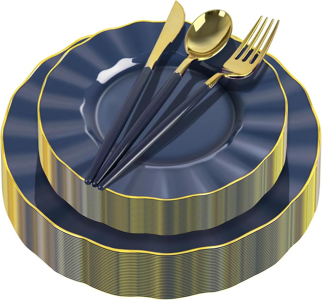 150Pcs Plastic Plates with Gold Rim,Heavy Duty Blue Plates for 30 Guests,Plastic Dinnerware Set Include 30 Dinner Plate,30 Dessert Plate,90 Gold Cutlery Set for Party (Blue)