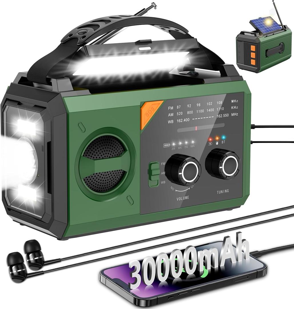 30000mAh Emergency Weather Radio with Wireless Speaker, 111000mWh NOAA/AM/FM Hand Crank Solar Radio with Flashlight Cell, Phone Charger, Compass, Reading Lamp, SOS Alarm (Green)