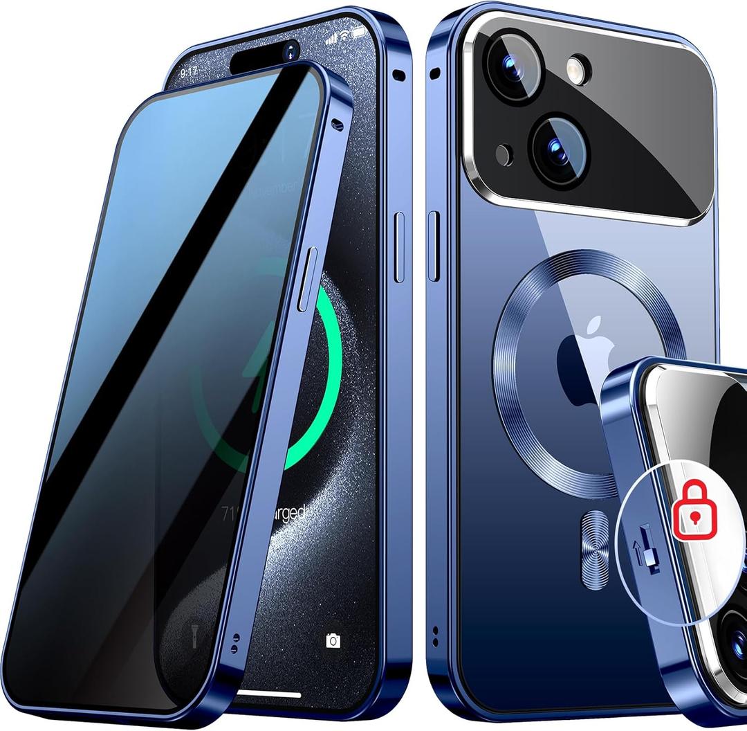 [Full Camera Protection& Mechanical Lock] Magnetic Privacy Case for iPhone 15 [Compatible with MagSafe] [CD Metal Ring] Full Body Shockproof Metal Bumper, 9H Anti Peeping Glass Cover-Blue