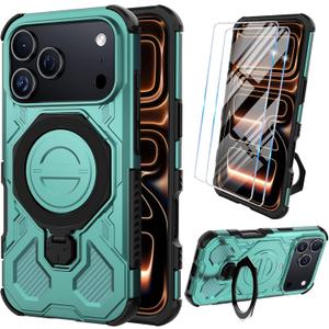 Vaki for iPhone 17 Pro Max Case with Screen Protector, Heavy Duty Military Grade Shockproof Protective Cover 360 Ring Magnetic Kickstand Armor Cell Phone Case for iPhone 17 Pro Max (Green)