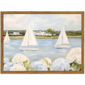 Framed Vintage Hydrangea Floral Wall Art, Blue Coastal Sailboat Pictures Wall Decor, Summer Nautical Landscape Paintings Canvas Prints Artwork for Home Living Room Bedroom 16x24 inch